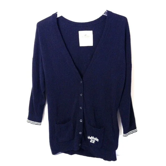 Vtg Hollister Cardigan Sweater Women L Black V-neck Y2K Preppy Elana Bella Logo - Picture 2 of 10